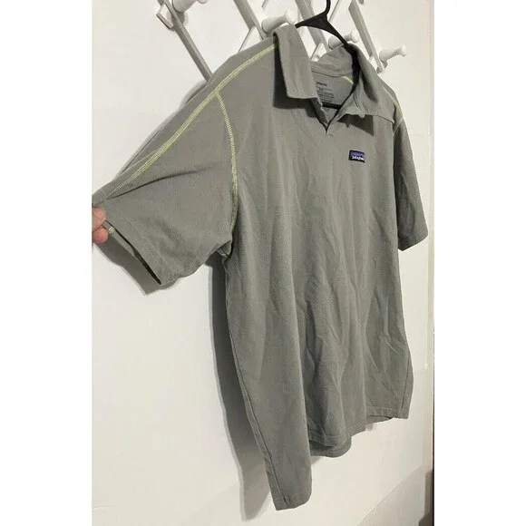 Patagonia Men's Polo Large Gray Shirt Organic Cotton Yellow Stitch Trim  V Neck - Picture 3 of 9